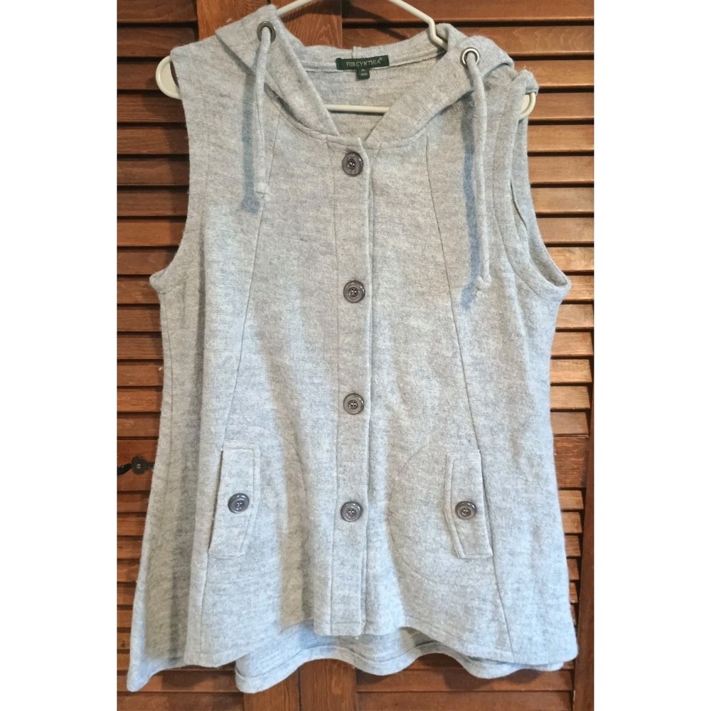For Cynthia Sleeveless Hooded Lagenlook XL Tunic Button Down Front Pocket Vest